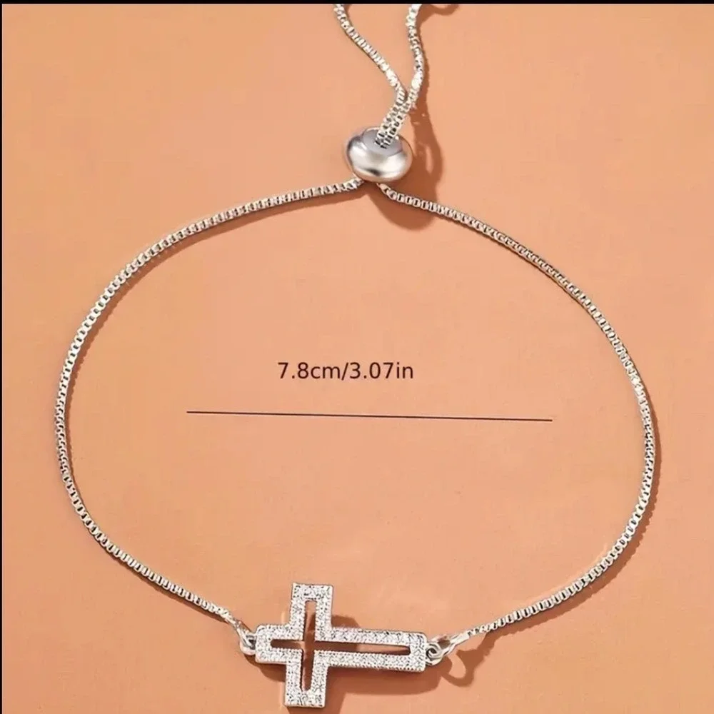 Silver Sideways Cross Bolo Bracelet Adjustable‎ Pave Crystal Religious Jewelry